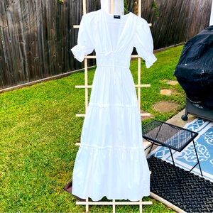 White Cotton Blend Tiered Puff Sleeves Maxi Dress M